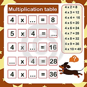 Vector illustration of the multiplication table by 4 with a task to consolidate